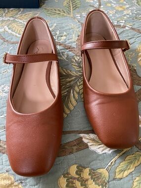 New York & Company Chestnut Brown Mary Jane Flats with Gold Buckles